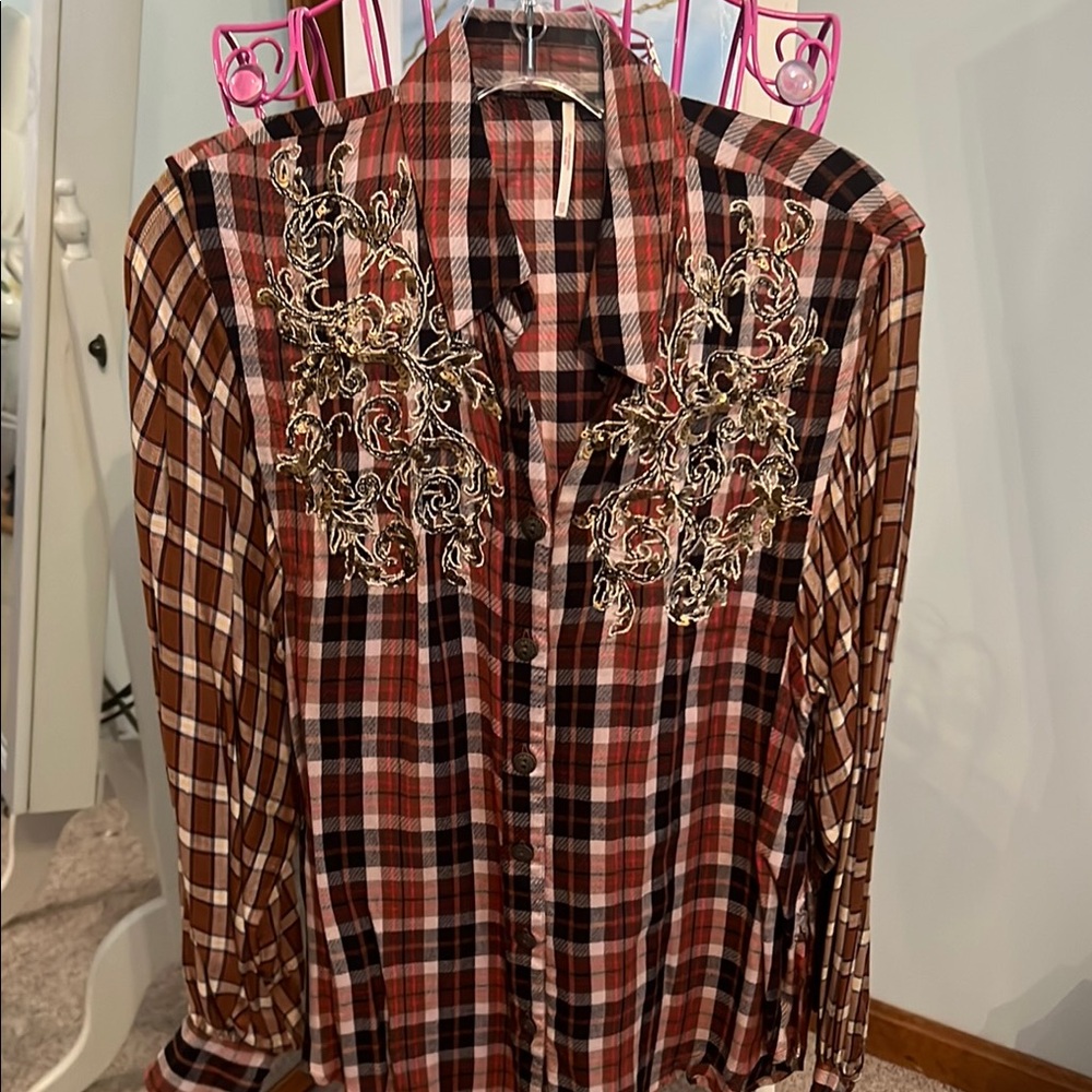 Free People Red and Black Embroidered Plaid Blouse